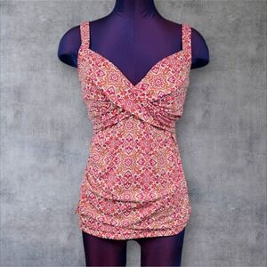 Lands' End Pink & Orange Shirred Tankini Top Size 6L Women's Swim Suit N37